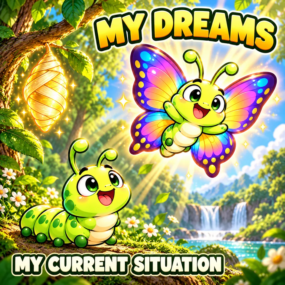 In a sunlit forest, COCOON’s caterpillar looks up at its dream of becoming a colorful butterfly beside a golden cocoon. Text reads: “MY DREAMS” and “MY CURRENT SITUATION”.