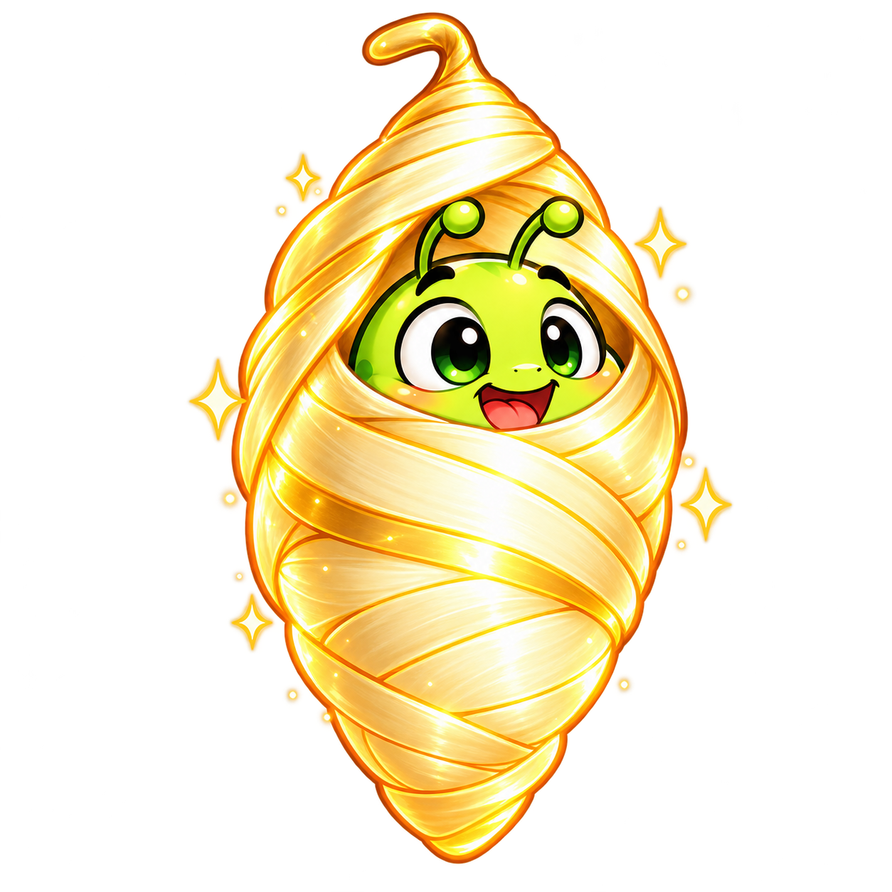 COCOON’s green mascot nestled inside a golden cocoon.
